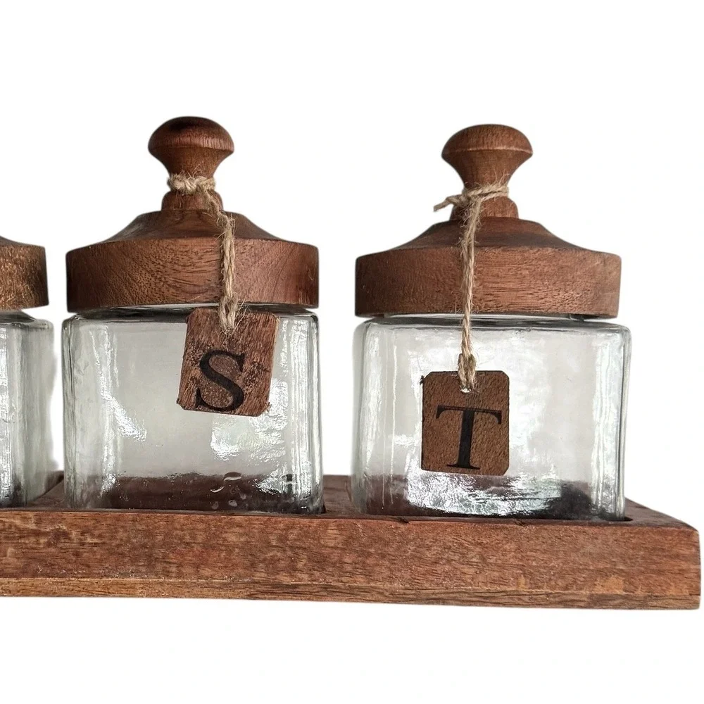 Rustic Glass Kitchen Canister Set 3 Coffee Sugar Tea Wood Lids & Tray India